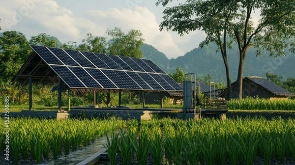 Obraz Aerial shot of a sugarcane farm with solar panels, a large water tank, and well-maintained irrigation systems