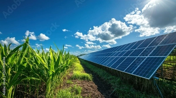 Obraz Aerial shot of a sugarcane farm with solar panels, a large water tank, and well-maintained irrigation systems