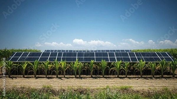 Obraz Aerial shot of a sugarcane farm with solar panels, a large water tank, and well-maintained irrigation systems