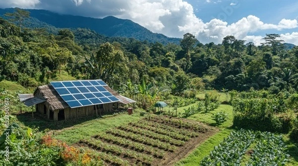 Obraz Aerial shot of a sugarcane farm with solar panels, a large water tank, and well-maintained irrigation systems