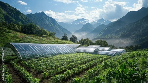Obraz Aerial shot of a sugarcane farm with solar panels, a large water tank, and well-maintained irrigation systems