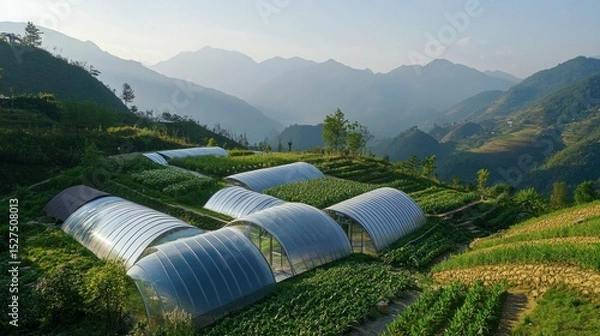 Obraz Aerial shot of a sugarcane farm with solar panels, a large water tank, and well-maintained irrigation systems