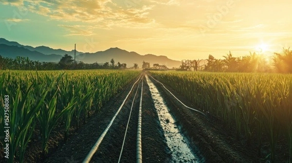 Obraz Aerial shot of a sugarcane farm with solar panels, a large water tank, and well-maintained irrigation systems