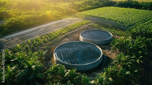 Obraz Aerial shot of a sugarcane farm with solar panels, a large water tank, and well-maintained irrigation systems