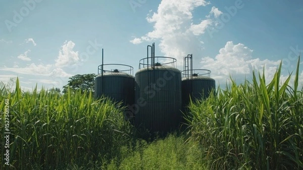 Obraz Aerial shot of a sugarcane farm with solar panels, a large water tank, and well-maintained irrigation systems