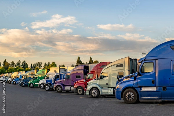 Obraz Professional carriers big rig semi trucks with semi trailers standing in row on truck stop parking lot taking a break