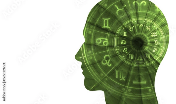 Fototapeta Astrology and horoscopes concept. Silhouette of face with leaf texture with the zodiac circle and signs of the zodiac.
