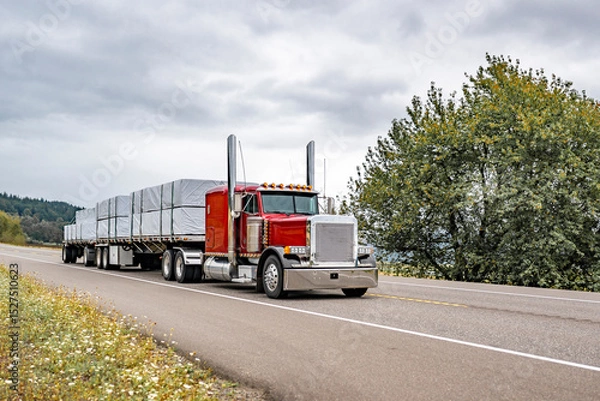 Obraz Red classic big rig semi truck with chrome exhaust pipes transporting covered fastened cargo on two flat bed semi trailers running on the highway road at summer time