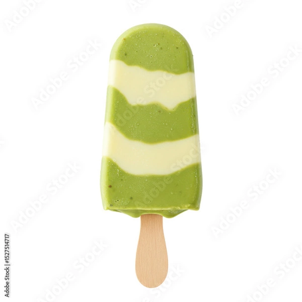 Obraz Green and white striped ice cream popsicle on a wooden stick against a plain background