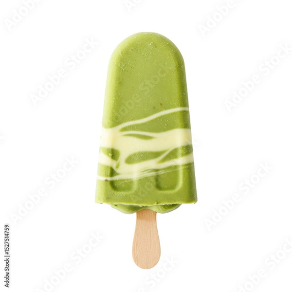 Obraz Refreshing green popsicle on a wooden stick, set against a clean white background