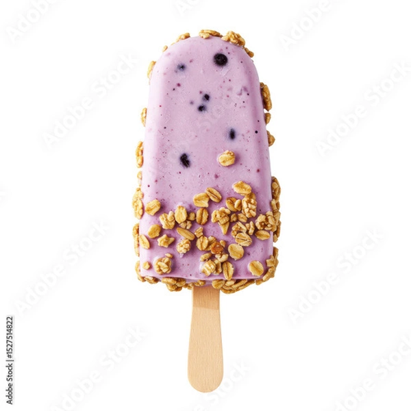 Obraz Delicious berry-flavored ice cream bar coated with crunchy granola on a stick