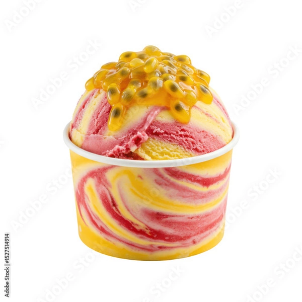 Obraz Colorful ice cream cup with passion fruit topping, set against a plain background