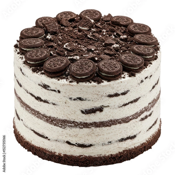 Obraz Delicious chocolate cream cake with Oreo cookies, showcased on a white background