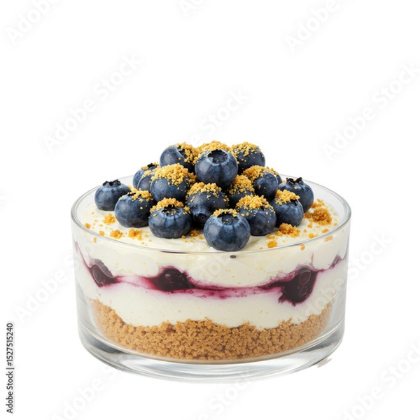 Obraz Delicious layered dessert with blueberries and creamy filling in a glass dish