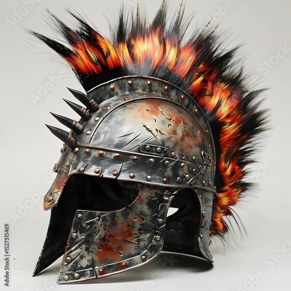 Fototapeta Detailed Medieval Style Combat Helmet with Spiked and Faux Fire Effect for Historical Costume or Cosplay Events and Theatrical Performances
