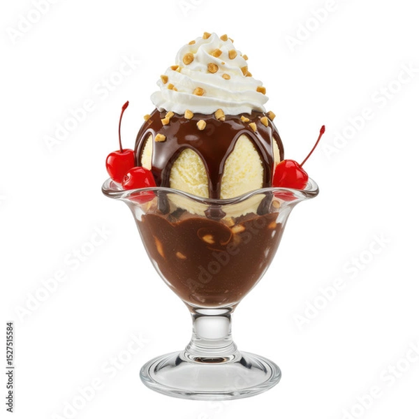 Obraz Delicious chocolate sundae topped with whipped cream, cherries, and sprinkles