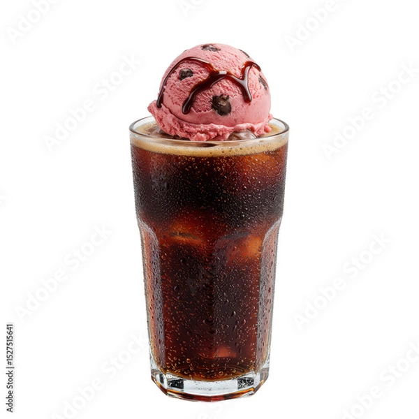 Obraz Refreshing soda float with pink ice cream atop, isolated on a white background