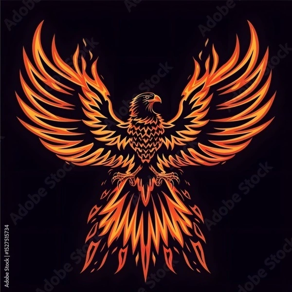 Fototapeta Bold fiery phoenix illustration with detailed flame wings and tail symbolizing rebirth strength and transformation in vibrant orange and yellow colors
