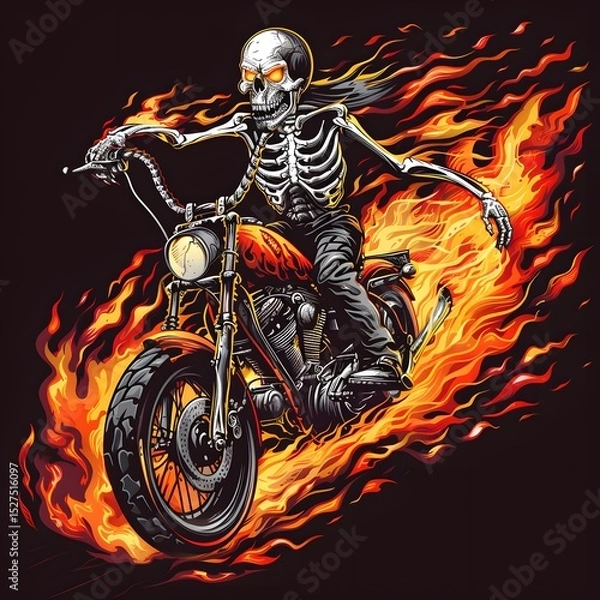 Fototapeta Fierce skeleton rider with glowing eyes on classic motorcycle surrounded by dynamic flames and intense fiery background creating a striking rebellious biker scene