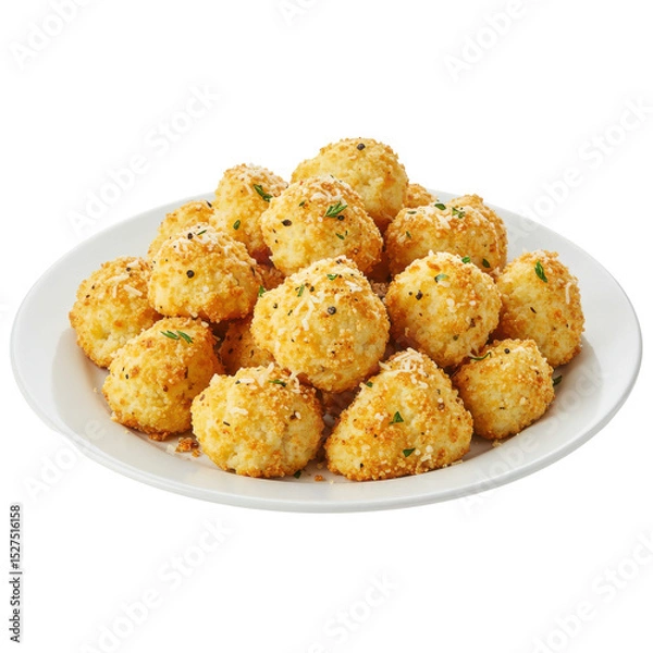 Obraz Golden, crispy cheese balls piled on a white plate, garnished with herbs, ideal for appetizers