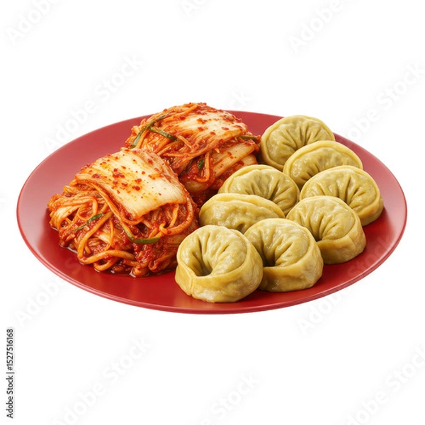 Obraz A vibrant plate featuring kimchi and green dumplings, served on a red dish, with a cozy kitchen ambiance in the background