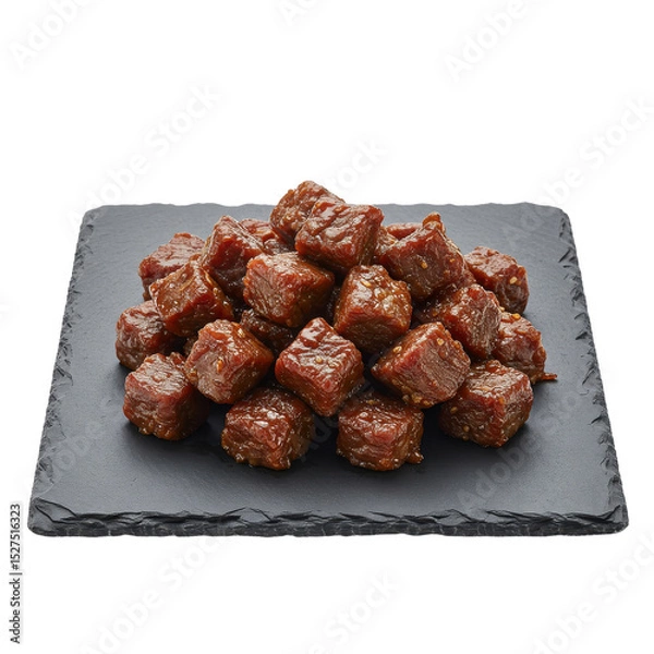 Obraz Savory beef cubes arranged on a slate platter, highlighting their rich color and texture