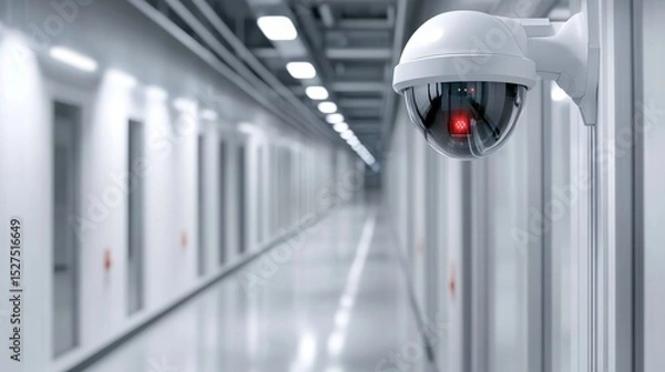 Obraz Futuristic security camera with infrared sensors and LED lights scanning a high-tech data center hallway