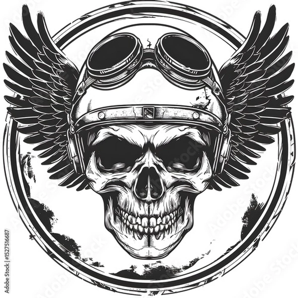 Fototapeta Grayscale Skull Wea Aviator Helmet with Sunglasses and Wings Artistic Tattoo Style Illustration for Edgy Design and Alternative Culture Themes