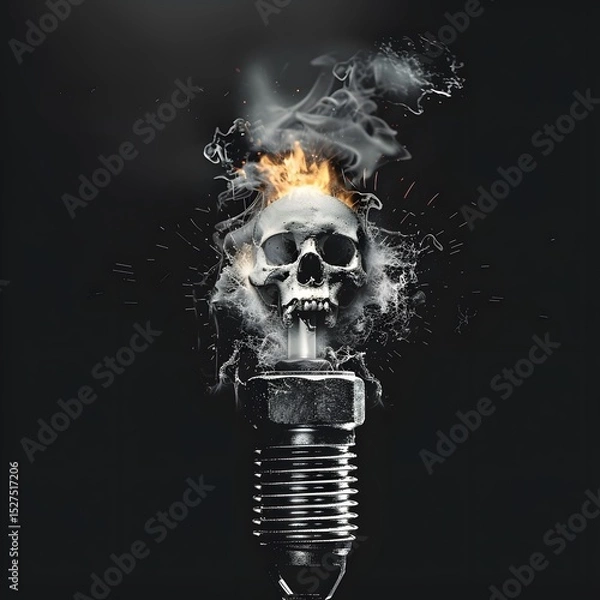 Fototapeta Artistic skull with fire and smoke emerging from a lightbulb symbolizing creativity and danger with dark background and dramatic lighting