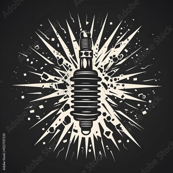 Fototapeta Creative artistic illustration of a spark plug with explosive burst effect in a dynamic black and white graphic design style emphasizing electrical energy and automotive parts