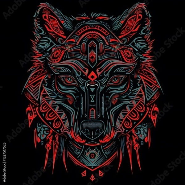 Fototapeta Intricate Neon Tribal Wolf Head Illustration with Geometric Patterns and Symmetrical Design in Bright Red and Blue Colors on Black Background