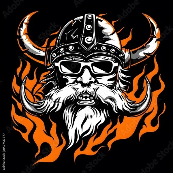Fototapeta Detailed illustration of a fierce Viking warrior with a horned helmet sunglasses and a long beard on fire background emphasizing strength and warrior culture