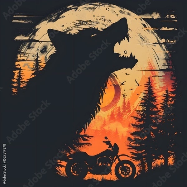 Fototapeta Silhouette of a fierce wild boar with prominent tusks standing in front of a full moon and a motorcycle rider in a dense forest du sunset