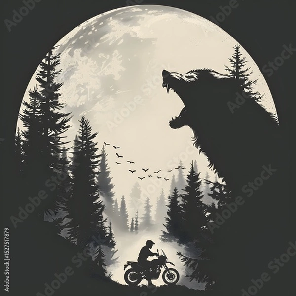 Fototapeta Silhouette of a person riding a motorcycle in a forest clea du nighttime under a large full moon with a threatening wolf howling and flying birds in the background