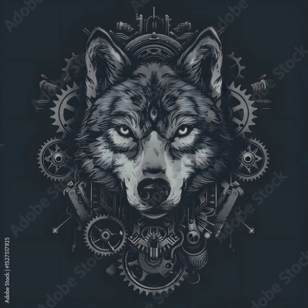 Fototapeta Digital art of fierce wolf head with cybernetic mechanical gears circuits futuristic digital illustration on dark background
