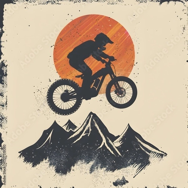 Fototapeta Silhouette of Mountain Biker Jumping Over Snow-Capped Peaks with a Bright Sun in the Background in a Retro Vintage Style Illustration