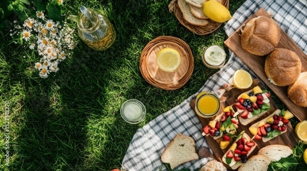 Fototapeta Top view of a summer picnic spread with sandwiches, fruit skewers, lemonade, and cloth napkins on grass