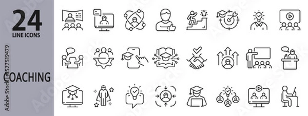 Obraz Coaching line icons set with Training, Education, E-Learning, Mentorship, Skills, Speaker and more. Editable Stroke
