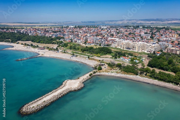 Fototapeta Aerial view to beach of Sarafovo neighborhood of Burgas, Bulgaria