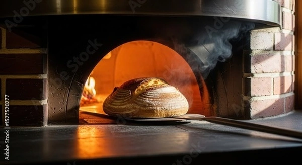 Obraz Artisanal bread baking in traditional wood-fired oven