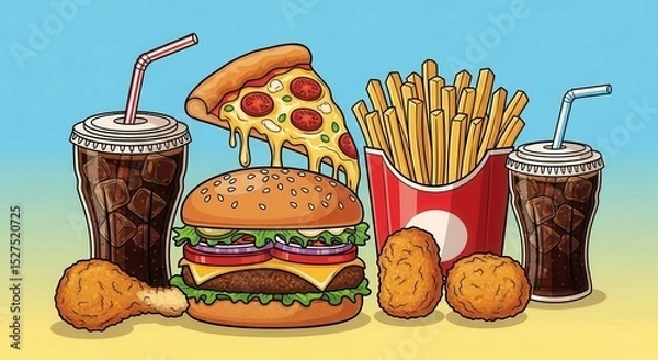 Obraz Fast food combo with burger, fries, drinks