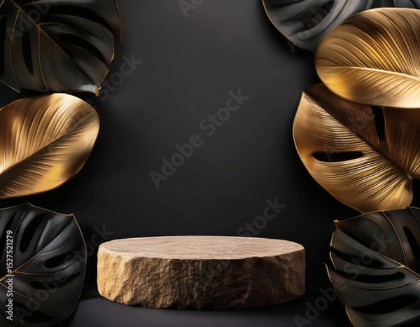 Obraz Rock podium stand with elegant gold philodendron leaves on black background. Blank luxury stone stand with tropical golden foliage, ideal for premium branding or cosmetic mockups.