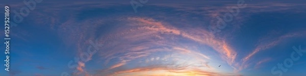 Fototapeta Seamless 360 HDR spherical panorama of sunset sky with vibrant pink Cirrus clouds. Full zenith or sky dome in 3D, sky replacement for aerial drone panoramas. Climate and weather change.