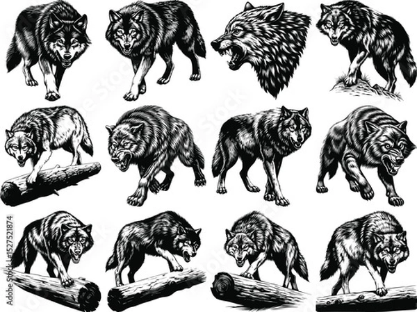 Obraz Black and white wolf vector illustrations.