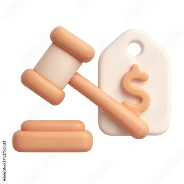 Fototapeta Gavel and Price Tag: 3D rendered illustration of a gavel and a price tag with a dollar sign, symbolizing legal costs or auction pricing.
