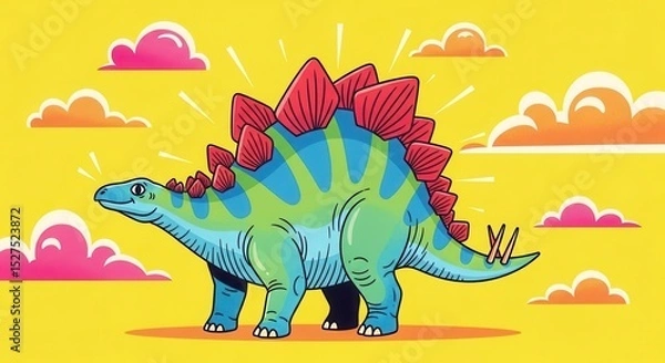 Obraz Cartoon stegosaurus with colorful clouds in background