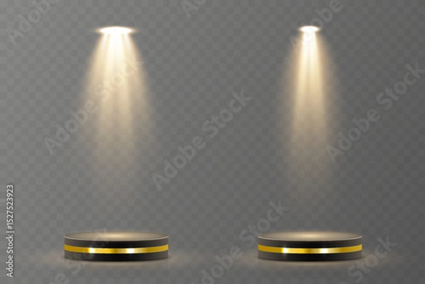 Fototapeta Shining spotlight glows in empty studio room. Soft stage lighting casts elegant beam texture. Luminous projection adds theater-style clarity. Multiple sources build immersive light composition.