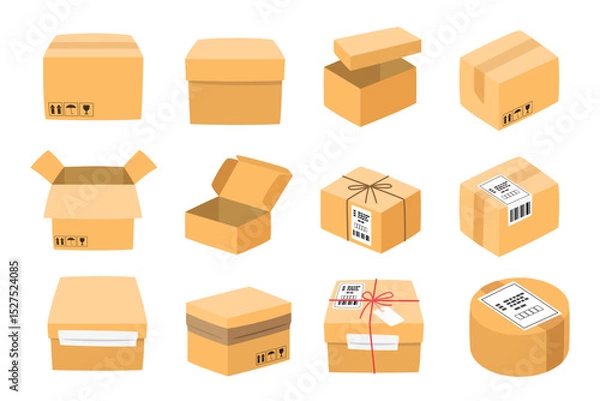 Fototapeta Cardboard Box Shipping and Packaging Vector Set 