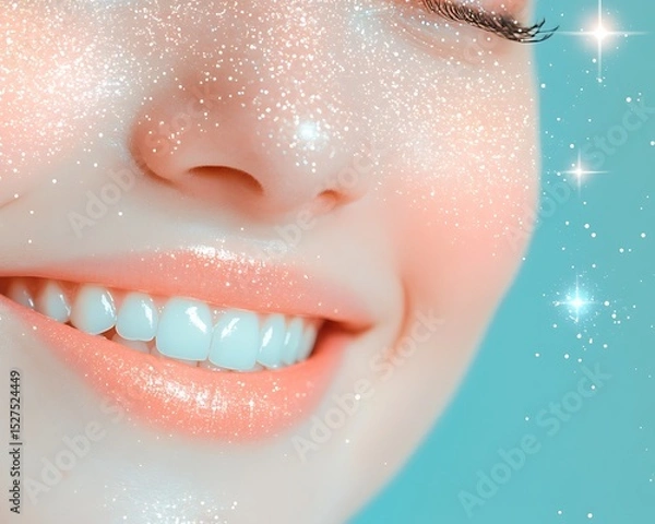 Obraz Stellar smile scene concept, Bright Smiling Face with Shimmering Sparkle and Soft Blue Background