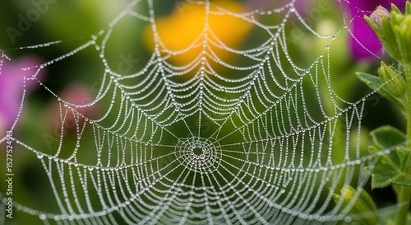 Obraz Spiderweb adorned with morning dew in vibrant garden